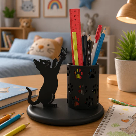 Porta-Lápis Decorativo (Gato Fofo) - Preto/Branco