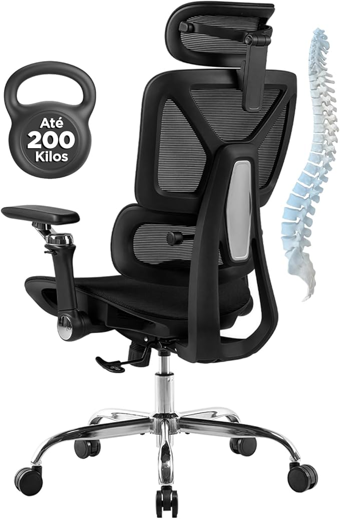 Cadeira Ergonômica Comfy Ajuste Lombar Mesh Braços 6D Suporta 200 Kg